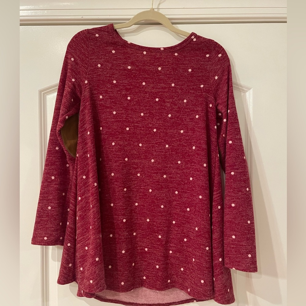 Polka dot maroon sweater with elbow patches